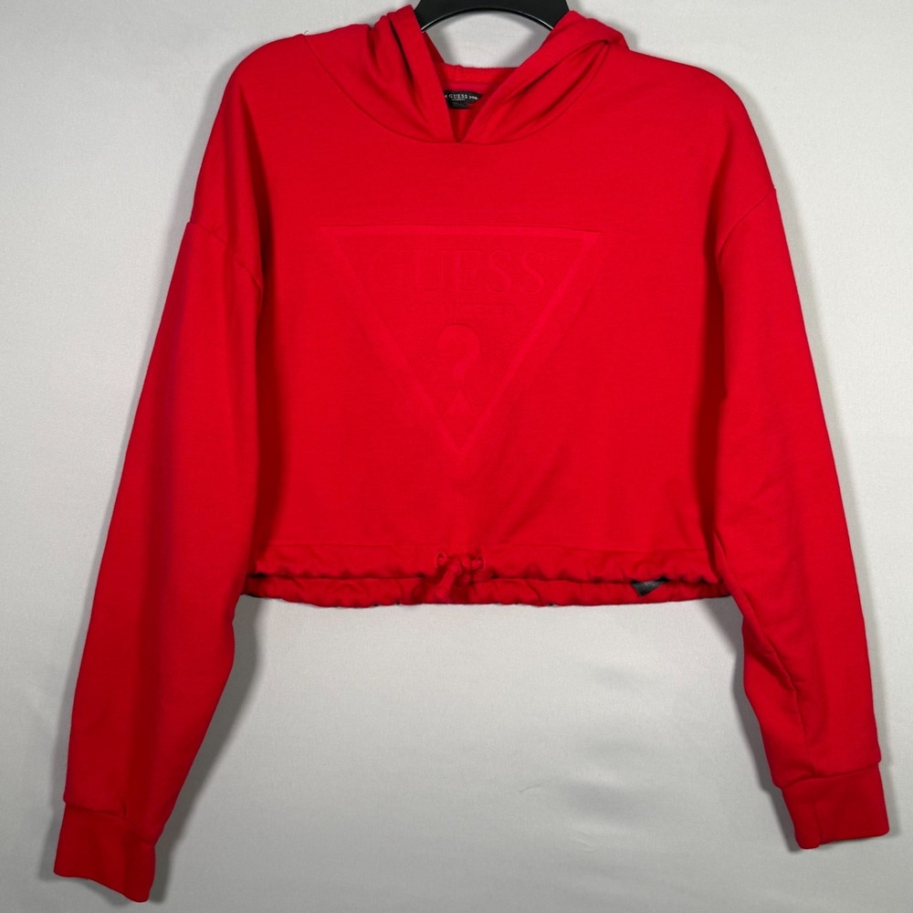 Guess Cropped Hoodie Women's Size Large | Red‎ Sweatshirt Embossed Comfort Logo